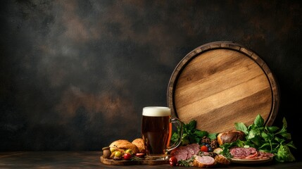 Banner with mug of beer food and barrel on wooden table against dark background with copy space. Oktoberfest still life 