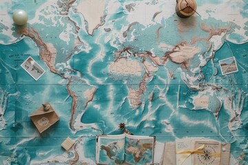 Aufkleber - Travel memories captured on a world map backdrop with travel photos and decorative elements. Generative AI