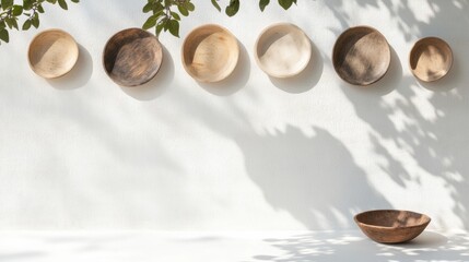 Poster - Minimalist Display of Wooden Bowls on Sunlit Wall with Leaf Shadows