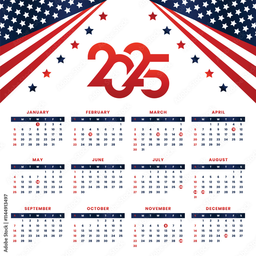 New year 2025 Calendar with USA Flag and Public Holidays. American