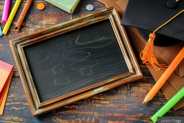 Poster - Graduation photograph framed with school items creating an inspiring educational backdrop for celebrations and memories. Generative AI