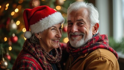 Wall Mural - Joyful senior retirement  Couple Celebrating Christmas and New Year Amidst a Festive Backdrop With Decorations and Lights