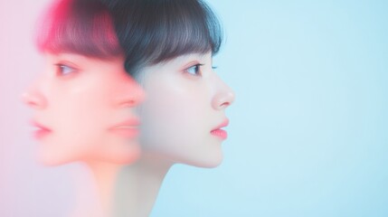 Aufkleber - Surreal Portrait of Young Woman in Dreamlike Pastel Reflection