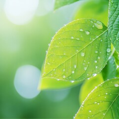 Wall Mural - Sunlit Dew on Leaves A Study in Natural Textures and Eco-Conscious Gardening