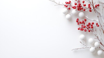 Wall Mural - Festive winter branches with red berries and white balls on white background.