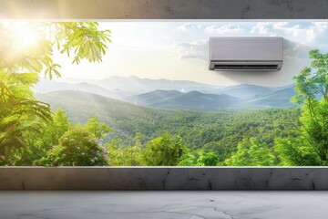 Poster - Air conditioner mounted above an open window with a scenic view of mountains and greenery during daylight. Generative AI