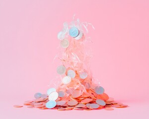 Aufkleber - Metallic Pastel Coin Cascade Abstract Roots and Glowing Financial Symbols in Modern Stock