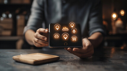 Person using GPS navigation app on a smartphone in a car, with food location pins displayed on the screen. Ideal for concepts of technology in travel, food delivery.