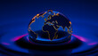 © SusDmi - A drop of water with the continents of the planet Earth symbolically depicted right on it, close-up and on a blue background, glowing neon, with white tones