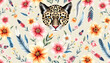 © SusDmi - Seamless hand drawn watercolor pattern with panther, flowers, feathers, flowers, clipart style, with white tones