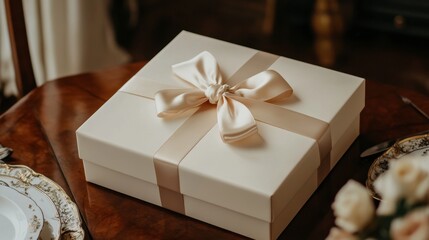 Wall Mural - Elegant Wrapped Gift Box with Bow on Wooden Table Setting