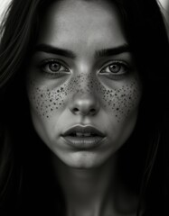 Wall Mural - A black and white photo of a woman with freckles on her face