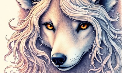 Wall Mural - A drawing of a wolf with long hair and orange eyes