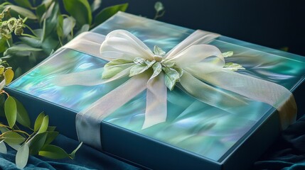 Wall Mural - Elegant Gift Box with Bow Surrounded by Lush Greenery and Leaves