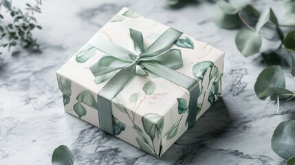 Wall Mural - Elegant Gift Box with Greenery Design on Marble Background