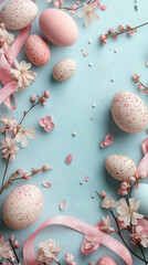 Wall Mural - A stylish Instagram post in pastel tones featuring a flat-lay arrangement of Easter eggs, ribbons, and flowers, with space for captions in the top corner, evoking a clean, modern, spring vibe