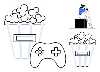 Woman sitting and looking at her smartphone, large video game controller, two popcorn buckets. Ideal for gaming, entertainment, relaxation, leisure, snacks technology casual time. Line metaphor