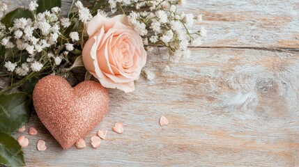 Wall Mural - Peach rose, glitter heart, baby's breath on wood.