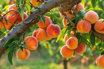 Wall Mural - Peach Trees. Summer Fruit Farm with Ripe Peaches on Branches