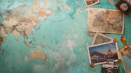 Leinwandbilder - Travel memories displayed on a world map backdrop with vintage elements for inspiration and creativity in exploration. Generative AI