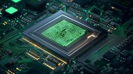 A futuristic interface showcasing algorithmic programming in action, with glowing binary digits moving across a high-tech processor. The background is a blend of deep blue and gree