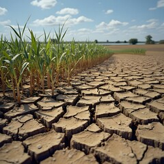 Wall Mural - drought-ravaged farmland, where cracked earth and wilted crops are visible, as distant water sources