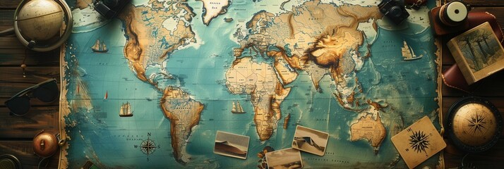 Leinwandbilder - Travel memories showcased on a world map backdrop with ample copy space for creative design. Generative AI