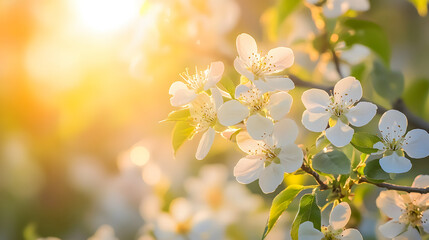 A spring blossom scene featuring a blooming tree and sunlight filtering through flowers in a beautiful orchard.