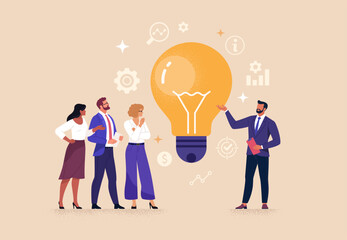 Fototapete - Business Idea Presentation Concept. Vector cartoon illustration of an office worker presenting his idea with a light bulb in front of his colleagues. Isolated on background