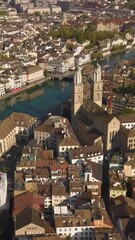 Wall Mural - Cityscape of Zurich. Aerial vertical video