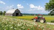 © SnapNest - Summer rural landscape farmland warmth concept. Rustic farm scene with a tractor and blooming wildflowers.
