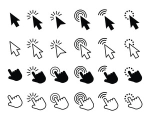 Set of cursor icons click and hand cursor icons click isolated on background. Computer mouse click cursor arrow icons set and loading Clicking cursor, pointing hand clicks icons.