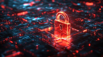 Red padlock on circuit board, cybersecurity concept.