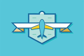 Poster - Vector illustration of an airplane over a colorful banner design featuring playful geometric elements and bold colors