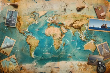 Aufkleber - Explore the world with travel photos arranged on a vintage map backdrop for inspiration and adventure. Generative AI