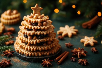 Wall Mural - Christmas tree shaped cookies decorating a festive table with cinnamon and star anise