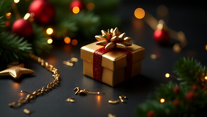 Christmas celebration concepts feature a golden gift box and ornament on a dark background amidst festive Xmas decorations._00003_