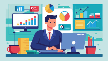 Poster - Business analytics professional working at a modern desk with charts and graphs displayed on the computer screen