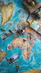 Leinwandbilder - Travel memories captured on a world map backdrop showcasing adventures and exploration across diverse destinations. Generative AI