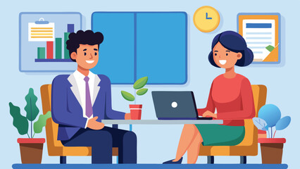 Poster - Two professionals engaged in a discussion in a modern office setting during daytime