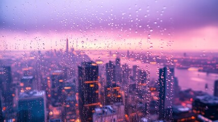 Wall Mural - Beautiful City Skyline at Dusk with Raindrops on Glass, Capturing the Vibrant Colors and Reflections of Rainy Urban Environment in Twilight