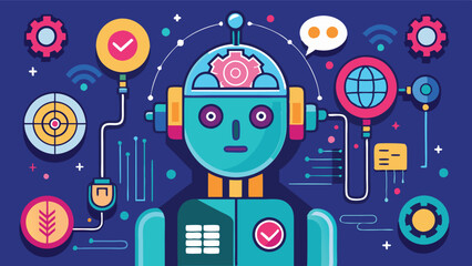 Poster - Illustration of a technological robot surrounded by data symbols in a colorful vector design showcasing innovation and connectivity in a digital era