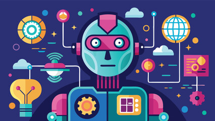 Poster - Illustration of a technological robot surrounded by data symbols in a colorful vector design showcasing innovation and connectivity in a digital era