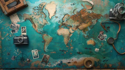 Leinwandbilder - Travel moments captured on a world map backdrop with vintage cameras and memorabilia for a creative mock up. Generative AI