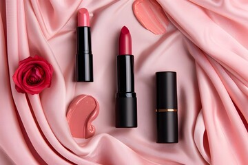 Poster - Pink and red lipsticks with decorative blush swatches and a fabric rose on soft pink silk, flat lay composition for beauty and fashion design

