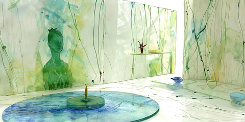 Glass Installation with Figure and Foliage Artwork