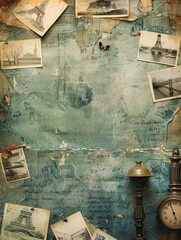 Poster - Artistic collage featuring vintage photographs and timepiece against textured background for creative mockup. Generative AI