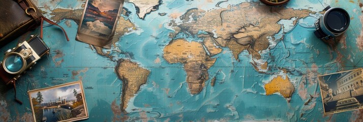 Poster - Travel memories showcased on world map backdrop with mock up space for adventure reflections. Generative AI