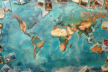 Leinwandbilder - Travel memories displayed across a vibrant world map highlighting journeys and adventures. Generative AI