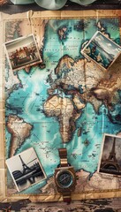 Leinwandbilder - Travel memories displayed on a vintage world map with mock up travel photos and a watch for planning adventures. Generative AI